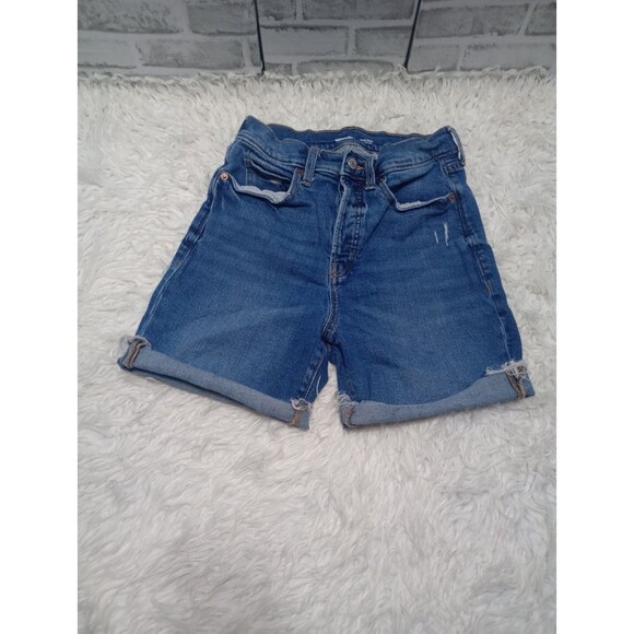 OLD NAVY Sky Hi Extra High Rise Raw Hem Button Fly Denim Shorts Sz 4 - Picture 1 of 12